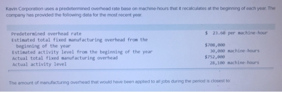 Kavin Corporation uses a predetermined overhead rate base on machine-hours that it recalculates at the beginning of each year