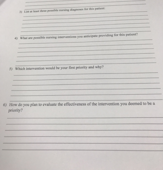 3) List at least three possible nursing diagnoses for this patient: 4) What are possible nursing interventions you anticipate
