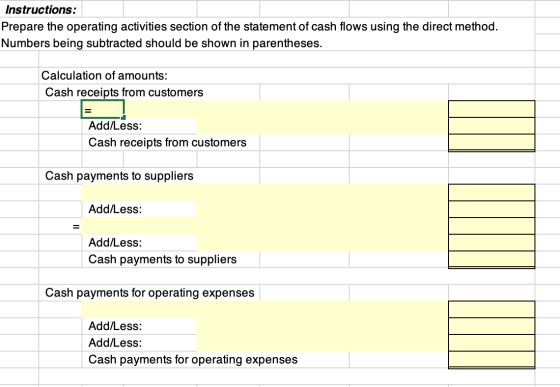 Instructions: Prepare the operating activities section of the statement of cash flows using the direct method. Numbers being