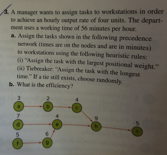 3. A manager wants to assign tasks to workstations in order to achieve an hourly output rate of four units. The depart- worki