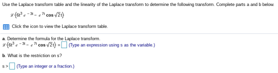 Use the Laplace transform table and the linearity of the Laplace transform to determine the following transform. Complete par