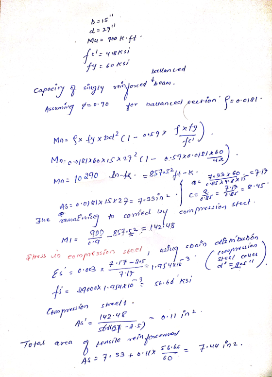 MO=10290 Bo-K: 8570502 b=15 d=27 Mu: 900 ki ft 43KS; fya boksi ballan ved bean, capacity of singly reinforced Assuming $=