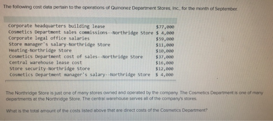 The following cost data pertain to the operations of Quinonez Department Stores, Inc., for the month of September Corporate h