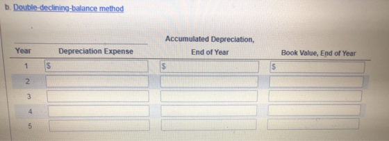 b. Double-declining-balance method Accumulated Depreciation, Year Depreciation Expense End of Year Book Value, End of Year 1.