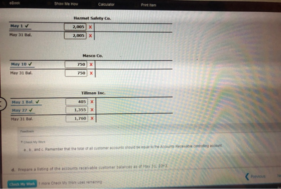 eBook Show Me How Calculator Print item Hazmat Safety Co. May 1 2,005 X May 31 Bal. 2,005 X Masco Co. May 10 ✓ 750 x May 31 B