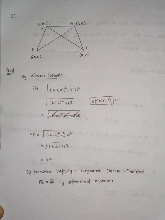 b (bic) (-b,c) FI X E H (0,0) cao) Proof By distanu formula EG= (6-(-a))² + ((-032 Loption D = (b+a)²+(2 - Stats 201 HF = (-b