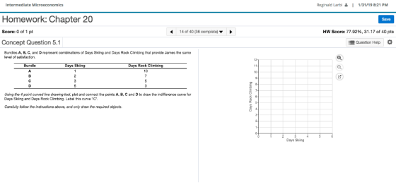 Intermediate Microeconomics Reginald Larbi | 1/31/19 8:21 PM Homework: Chapter 20 Score: 0 of 1 pt Concept Question 5.1 14 of 40 (36 complete) HW Score: 77.92%, 31.17 of 40 pts i Question Help * Bundles A, B, C, and D represent combinations of Days Skiing and Days Rock Climbing that provide James the same level of satisfaction. Bundle Days Skiing Days Rock Climbing 10 Using the 4-point curved line drawing tool, plot and connect the points A, B, C and D to draw the indifference curve for Days Sking and Days Rock Climbing. Label this curve IC Carefully follow the instructions above, and only draw the required objects. Days Sking