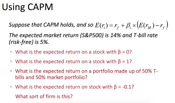 Using CAPM Suppose that CAPM holds, and so E(r;) = r, +B; *(E(rw)-r.) The expected market return (S&P500) is 14% and T-bill r