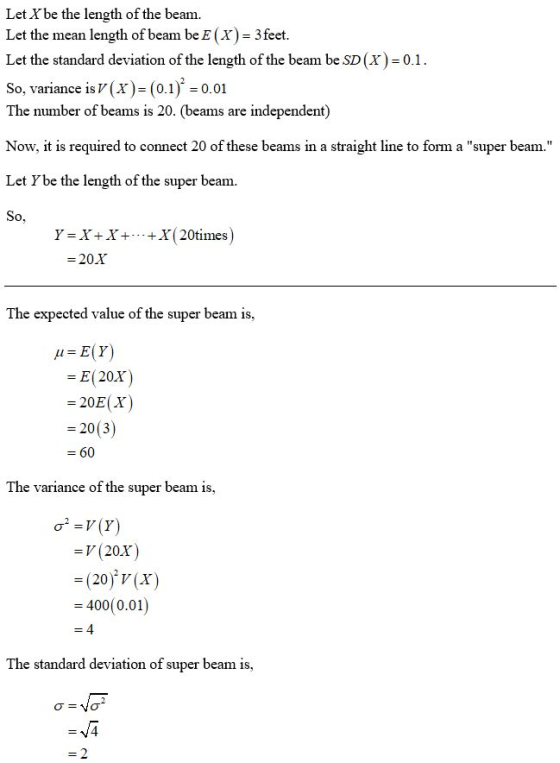 Let X be the length of the beam. Let the mean length of beam be E (X) = 3 feet. Let the standard deviation of the length of t