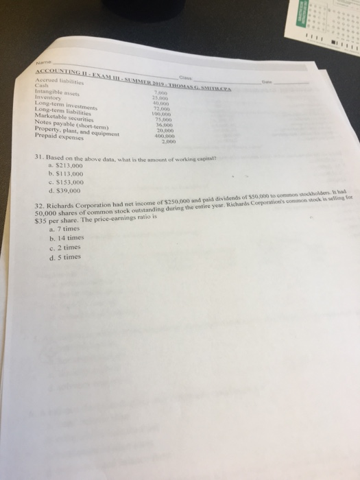 ACCOUNTING 11 EXAML SUMMER 2019THOMAS GSM And thabiti Cash Intangibles Inventory Long-term investments Long-term liabilities