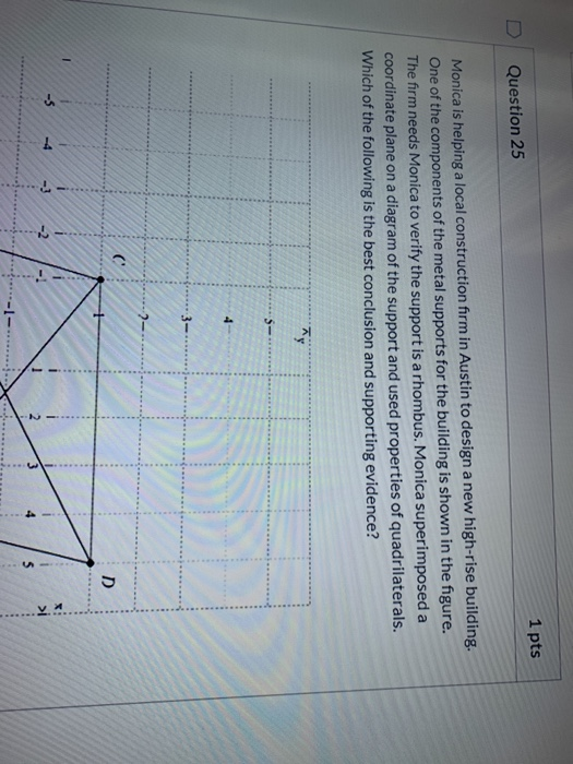 1 pts Question 25 Monica is helping a local construction firm in Austin to design a new high-rise building. One of the compon