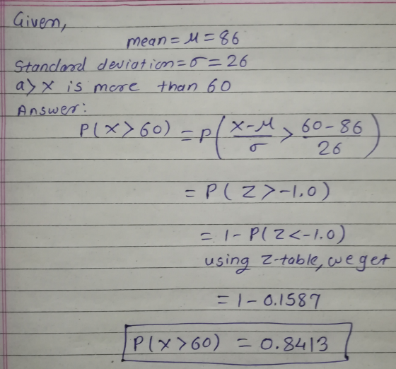 Given, mean=4=86 Standard deviation=o=26 a>x is more than 60 Answer: PlX7G /x-M - 60-86 26 =P(Z >-10) = 1- Plz<-1,0) using z-