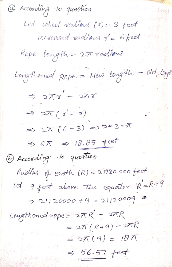 |_ @ Accoroling to questión. Let wheel radious (2) = 3 feet - increased radious s= 6 feet Rope length - 27 godieus Lengthene
