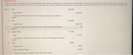 Exercise 11-12 Swifty Corporation recently hired a new accountant with extensive experience in accounting for partnerships. B