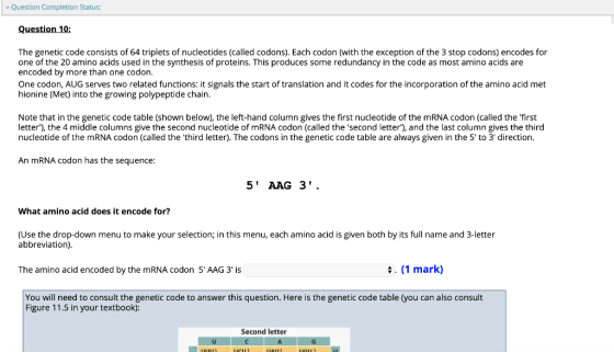 Question Completion Status: Question 10: The genetic code consists of 64 triplets of nucleotides (called codons). Each codon