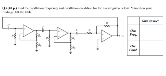 Q3 (40 p.) Find the oscillation frequency and oscillation condition for the circuit given below. * Based on your findings, fi