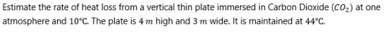 Estimate the rate of heat loss from a vertical thin plate immersed in Carbon Dioxide (CO2) at one atmosphere and 10°C. The pl