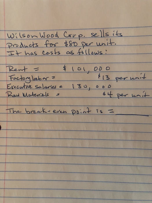 Wilson Wood Coup, sells its products for $80 per unit. It has costs as follows: Rent = $ 101, ooo Factory labor = $13 per uni