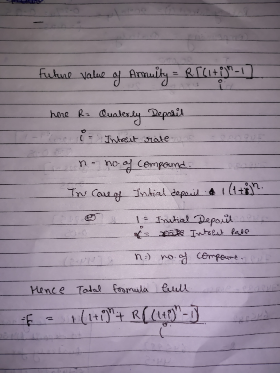 Fukume value of Amuity = R [C1+1)*-_] here R= Quaterly Deparit (not (= Intrent rate was snQUE i n = no of compound. noun In C
