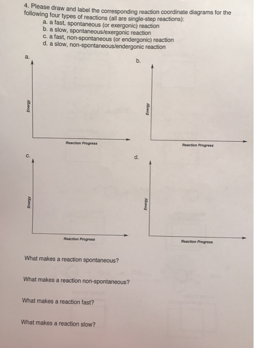 4. Please draw and label the following four types of reactions (all are single-step reactions): corresponding reaction coordinate diagrams for the a. a fast, spontaneous (or exergonic) reaction b. a slow, spontaneous/exergonic reaction c. a fast, non-spontaneous (or endergonic) reaction d. a slow, non a. b. Reaction Progress Reaction Progress C. d. Reaction Progress Reaction Progress What makes a reaction spontaneous? What makes a reaction non-spontaneous? What makes a reaction fast? What makes a reaction slow?