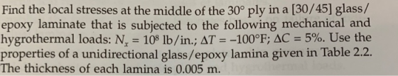 Find the local stresses at the middle of the 30° ply in a [30/45] glass/ epoxy laminate that is subjected to the following me