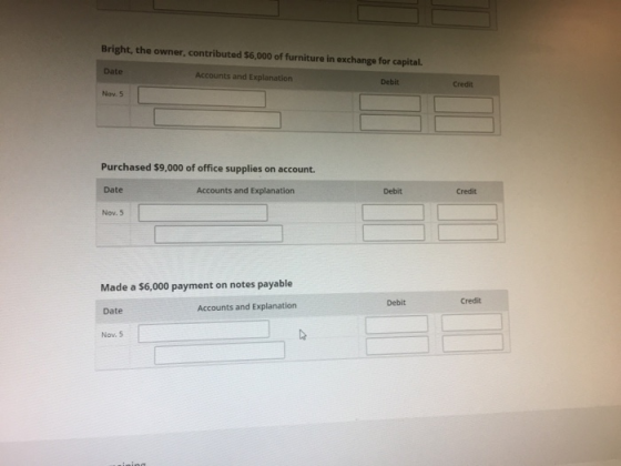 Bright, the owner, contributed $6,000 of furniture in exchange for capital. Date Accounts and Explanation Debit Credit Nov.5