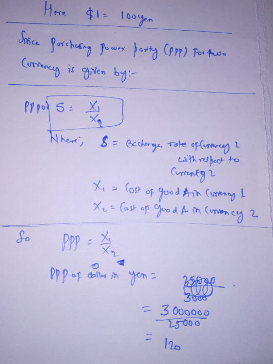 Here $1= 100 yen Srice purchasing power party (PPP) for two Corrency is given by: Pppoys x ] Where; s = exchange rate of inte