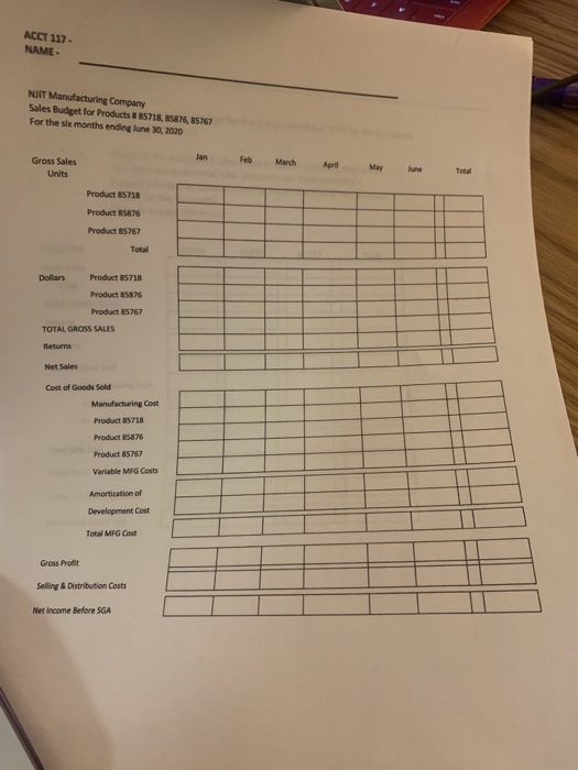 ACCT 117- NAME NJIT Manufacturing Company Sales Budget for Products 8 85718,85876, 65767 For the six months ending lune 30, 2