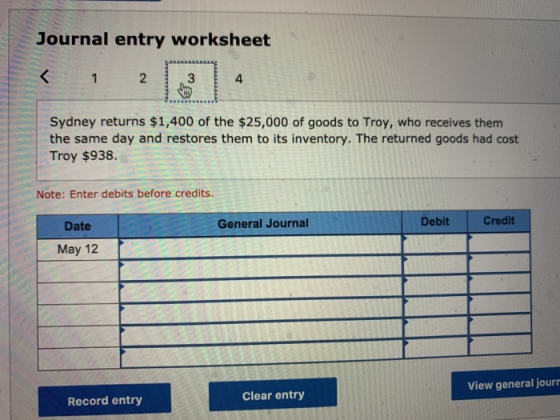 Journal entry worksheet Sydney returns $1,400 of the $25,000 of goods to Troy, who receives them the same day and restores th