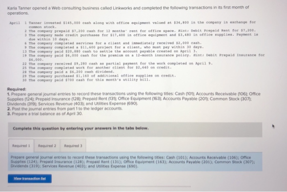 Karla Tanner opened a Web consulting business called Linkworks and completed the following transactions in its first month of