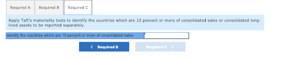 Required A Required Required Apply Tafts materiality tests to identify the countries which are 10 percent or more of consolidated sales or consolidated long- lived assets to be reported separately. Identify the countries which are 10 percent or more of consolidated sales Required B Required c