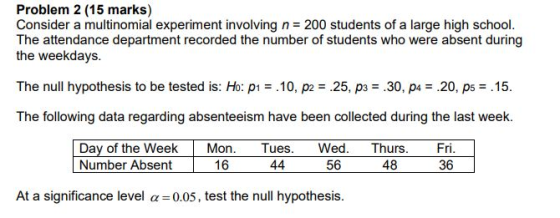 Problem 2 (15 marks) Consider a multinomial experiment involving n = 200 students of a large high school. The attendance depa