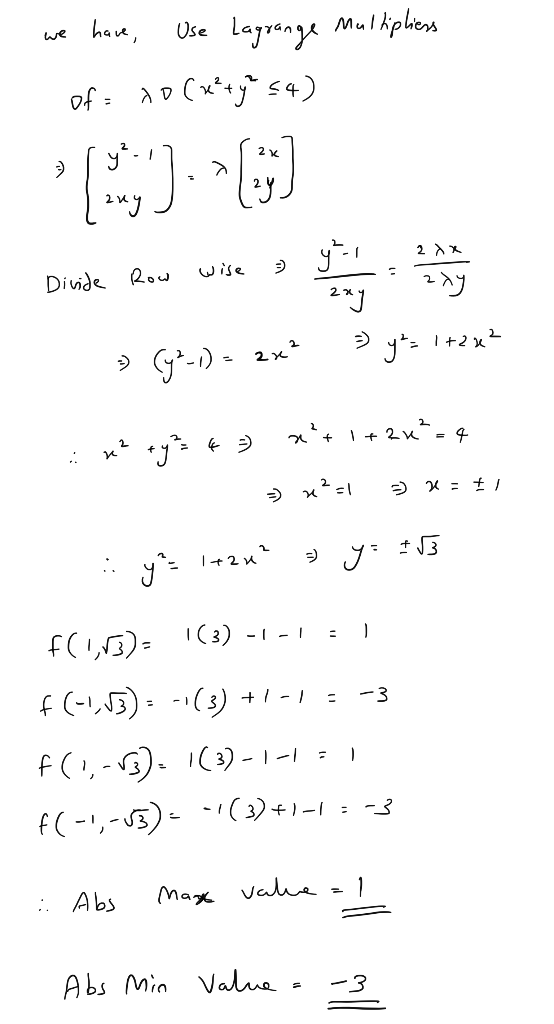 we have, Use Lagrange Multipliers of= xo (xity sa) {. ). -[3] e 2 x wise 3 y, Divide Row zxy zxy » (-1) 2x² y = 1+22 +4² 4