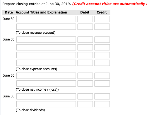 Prepare closing entries at June 30, 2019. (Credit account titles are automatically Debit Credit Date Account Titles and Expla