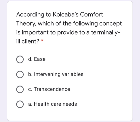 According to Kolcabas Comfort Theory, which of the following concept is important to provide to a terminally- ill client? *