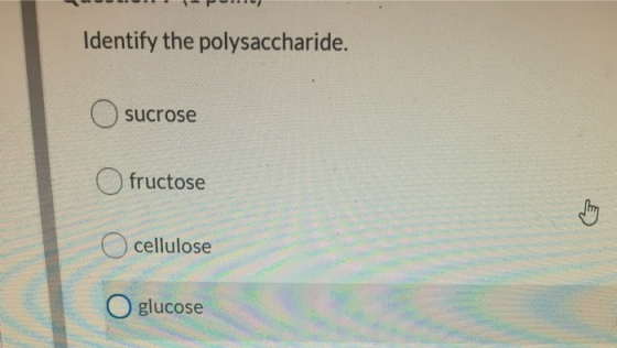 Identify the polysaccharide. sucrose fructose O cellulose O glucose