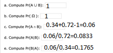 a. Compute Pr(AUB): 1 b. Compute Pro): 1 C. Compute Pr(AnB): 0.34+0.72-1=0.06 d. Compute P(AB): 0.06/0.72=0.0833 e. Compute P