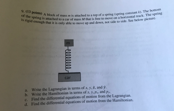 9. (13 points) A block of mass m is attached to a top of a spring (spring constant k). The bottom of the spring is attached t