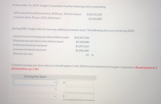 At December 31, 2019. Vaughn Corporation had the following stock outstanding 10% cumulative preferred stock, $100 par, 109,10