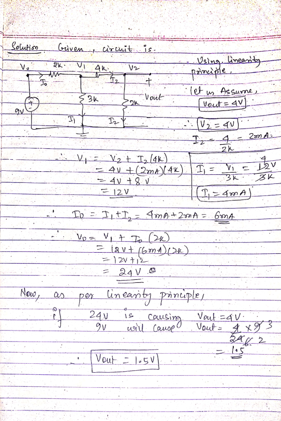 Solution Griven circuit is. vo 2 VI AR V2 To + Using linearity principle, :let Voute 4v1 Assume, 33k Vout 2K gu Iz Y V=4V = 2