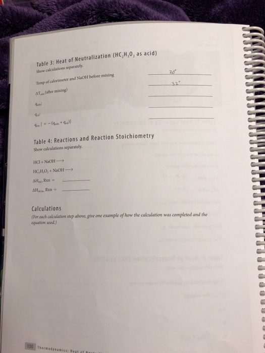 Table 3: Heat of Neutralization (HC,H,0, as acid) Show calculations separately Temp of calorimeter and NaOH before mixing T(a