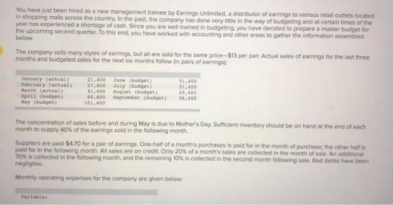 You have just been hired as a new management trainee by Earrings Unlimited, a distributor of earrings to various retail outle