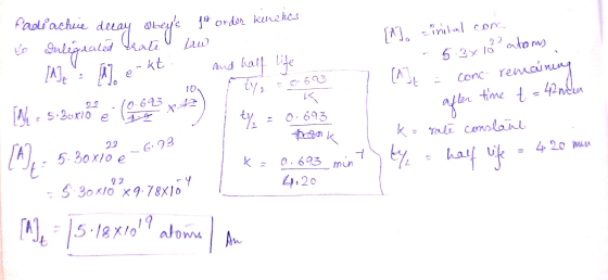 In Padiachie delay Obeys 1st order kennekes to Integrated crate law [A] inital conc [Mt hekt and half life -6.3x1ő atoms ( -