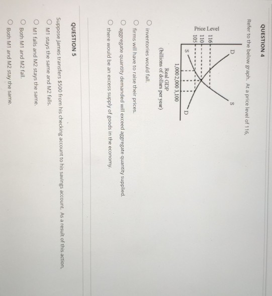 QUESTION 4 Refer to the below graph. At a price level of 116, Price Level ! ; D 1,000 2,000 3,100 Real GDP (billions of dolla
