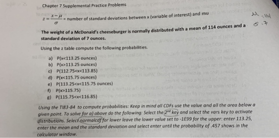 Chapter 7 Supplemental Practice Problems Mallu 6:7 2 number of standard deviations between x (variable of interest) and mu