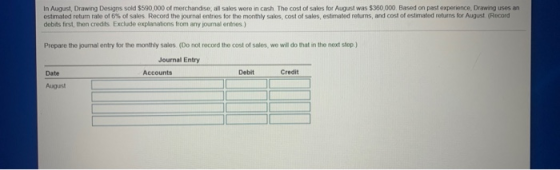 In August, Drawing Designs sold $590,000 of merchandise, all sales were in cash The cost of sales for August was $360,000. Ba