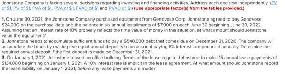 Johnstone Company is facing several decisions regarding investing and financing activities. Address each decision independent