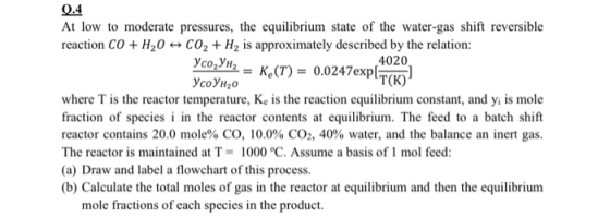 0.4 Yco2YH2 = K (T) = 0.0247explT(K) At low to moderate pressures, the equilibrium state of the water-gas shift reversible re