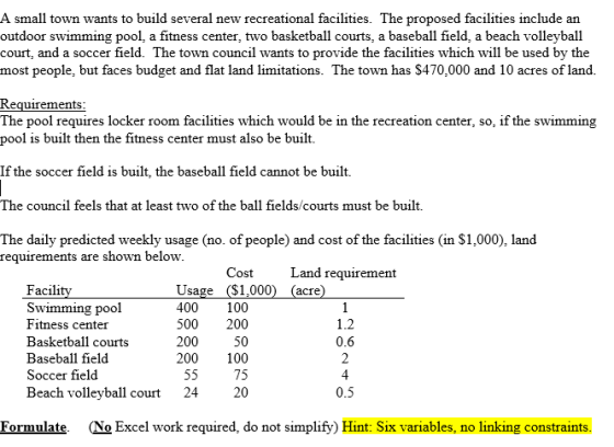 A small town wants to build several new recreational facilities. The proposed facilities include an outdoor swimming pool, a