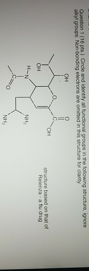 Question 1 (16 pts.) Circle and identify all functional groups in the following structure, ignore alkyl groups. Non-bonding electrons are omitted in this structure for clarity OH structure based on that of Relenza a flu drug OH NH2 NH2